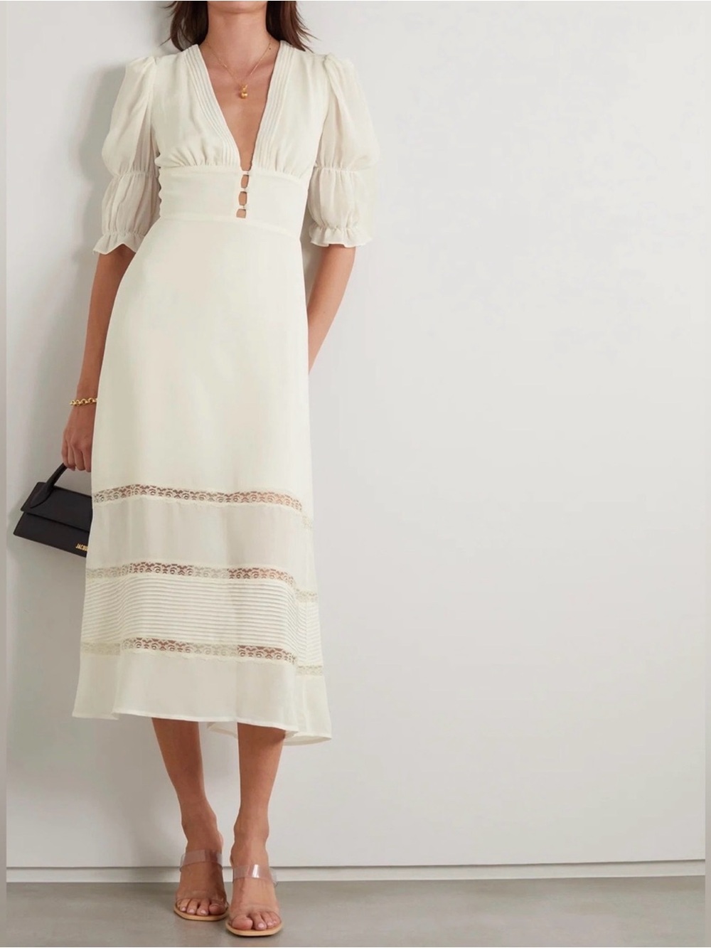 NWT REFORMATION Ginny Ivory V‑Neck Midi Dress with Lace Insets